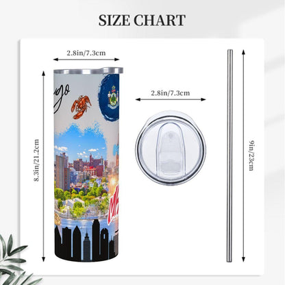 ColorFlow | Maine Coastal Pride 20oz Skinny Stainless Steel Tumbler with Straw | Portland Harbor Lobster State Cup