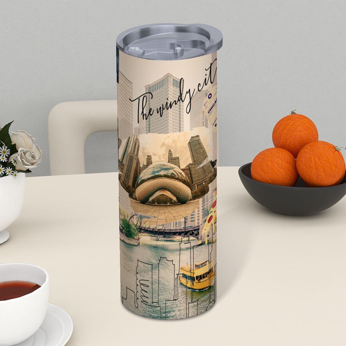 ColorFlow | Chicago Windy City Icons 20oz Skinny Stainless Steel Tumbler with Straw | Bean Skyline Illinois Travel Cup