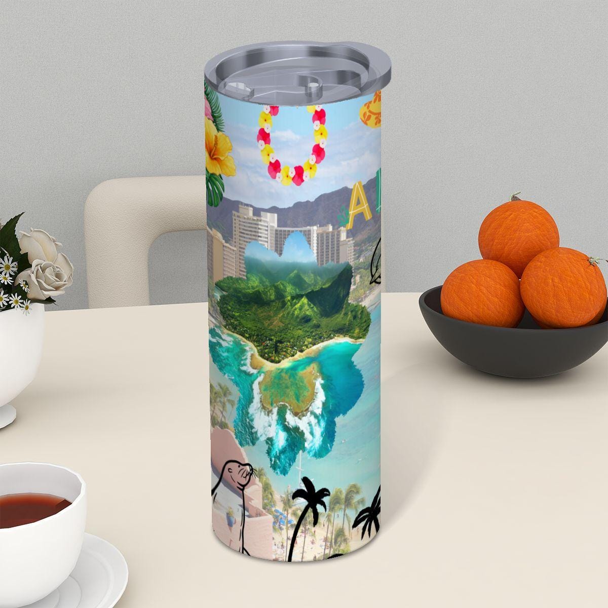 ColorFlow | Hawaii Island Paradise 20oz Skinny Stainless Steel Tumbler with Straw | Aloha Tropical Beach Surf Cup