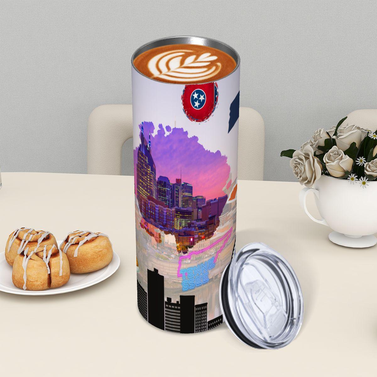 ColorFlow | Tennessee State Pride 20oz Skinny Stainless Steel Tumbler with Straw | Nashville Skyline Travel Tumbler