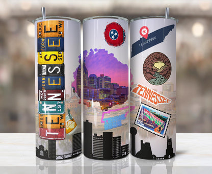 ColorFlow | Tennessee State Pride 20oz Skinny Stainless Steel Tumbler with Straw | Nashville Skyline Travel Tumbler