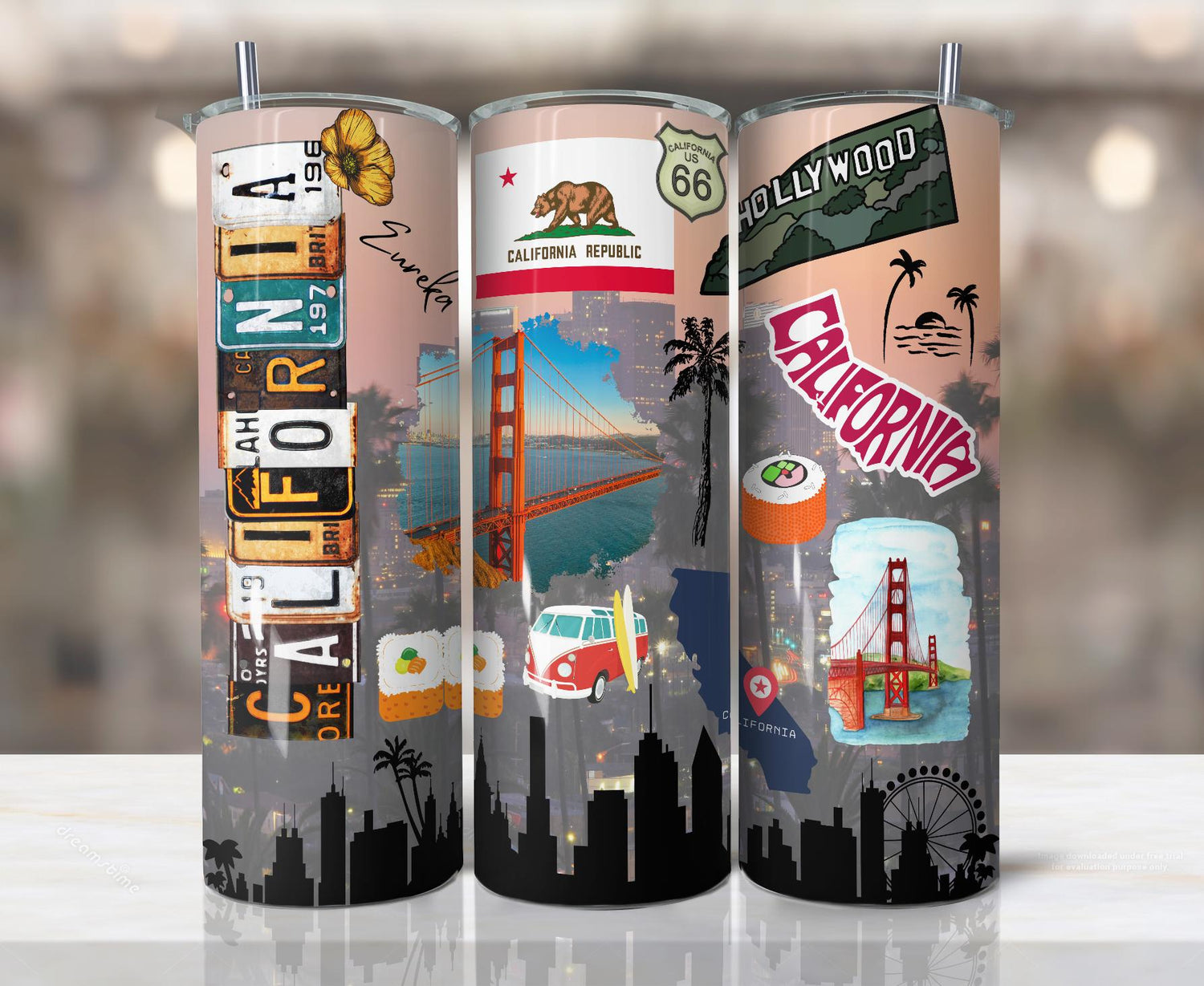 ColorFlow | California Dreamin 20oz Skinny Stainless Steel Tumbler with Straw | Golden Gate Hollywood Coast Vibes Cup