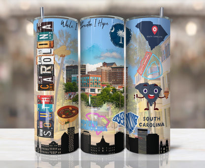 ColorFlow | South Carolina State Pride 20oz Skinny Stainless Steel Tumbler with Straw | Palmetto State Skyline Travel Cup