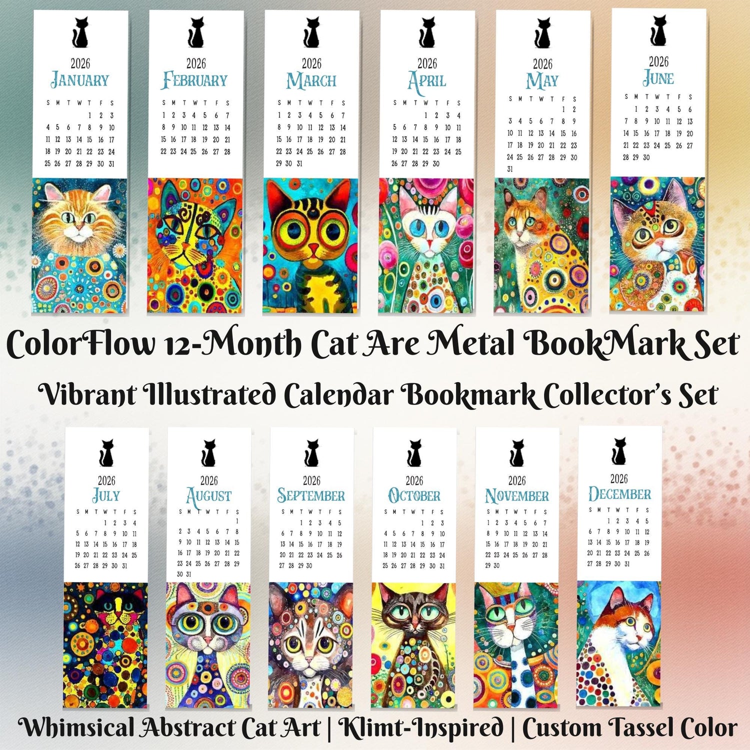 ColorFlow | 12 Month Cat Art Metal Bookmark Set Vibrant Illustrated Calendar Collection for Readers Gift Set | Optional Personalization