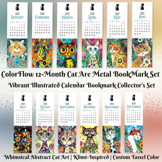 ColorFlow | 12 Month Cat Art Metal Bookmark Set Vibrant Illustrated Calendar Collection for Readers Gift Set | Optional Personalization