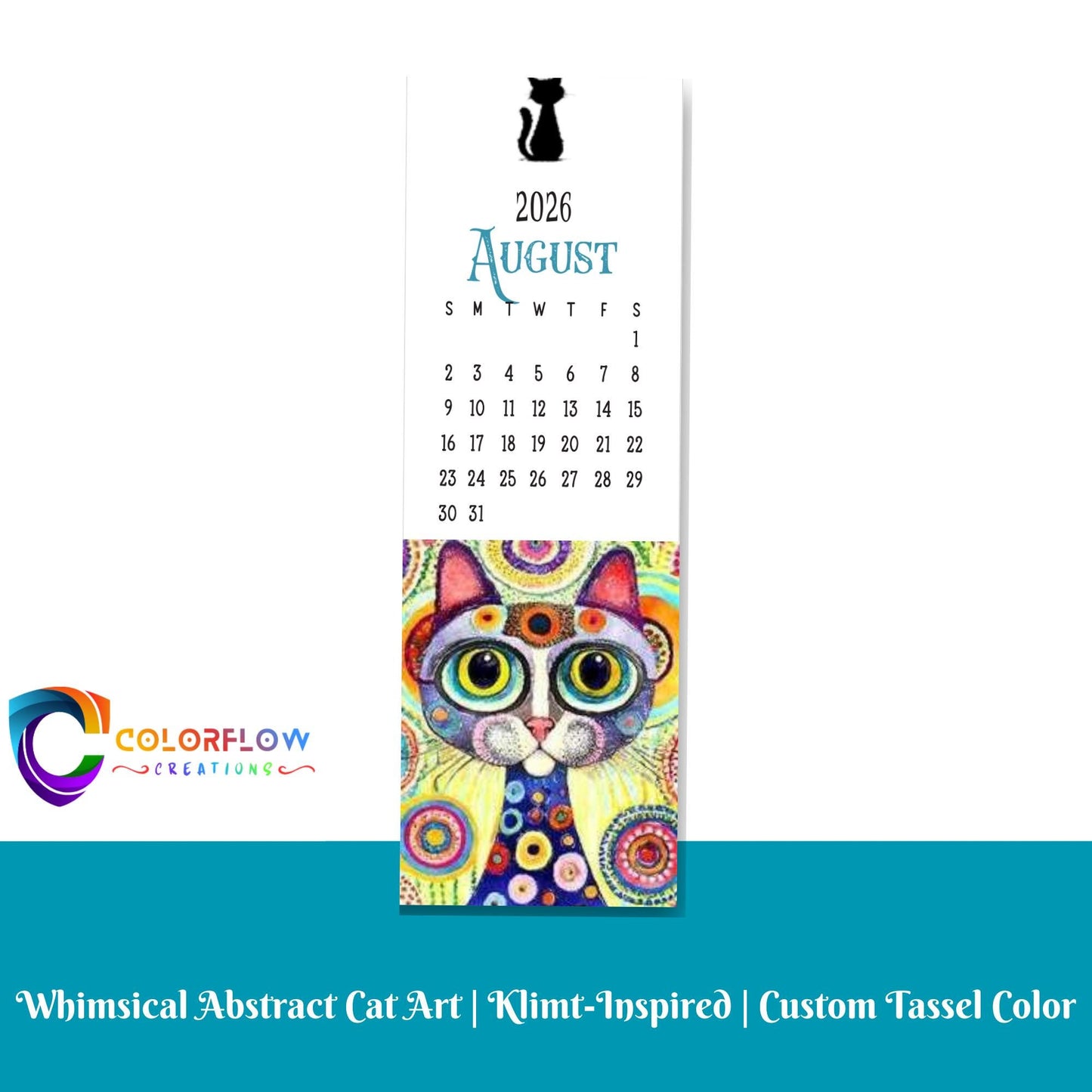 ColorFlow | 12 Month Cat Art Metal Bookmark Set Vibrant Illustrated Calendar Collection for Readers Gift Set | Optional Personalization