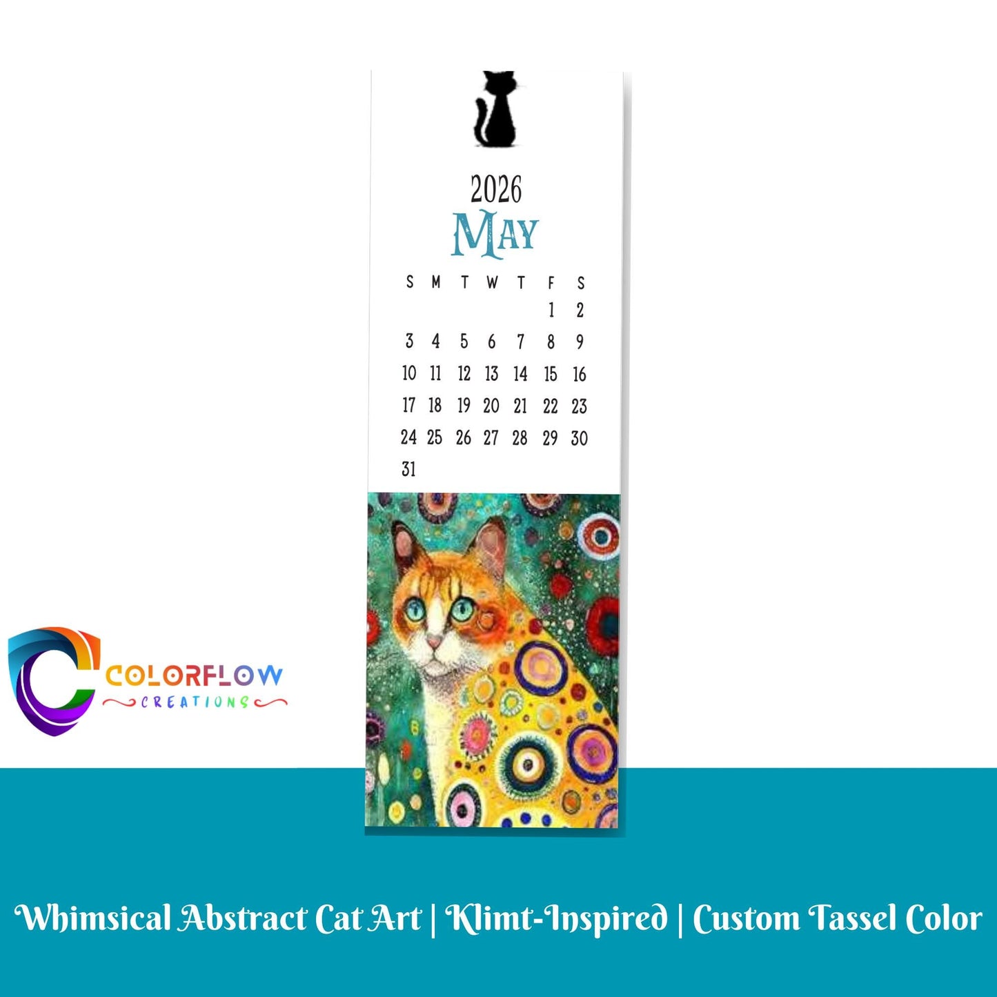 ColorFlow | 12 Month Cat Art Metal Bookmark Set Vibrant Illustrated Calendar Collection for Readers Gift Set | Optional Personalization