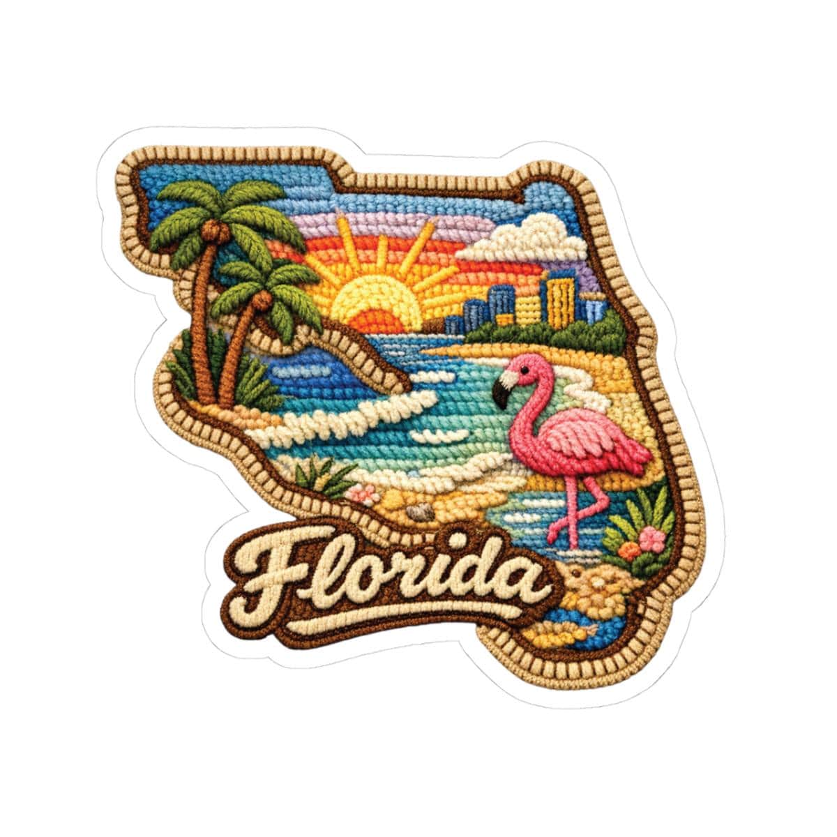 ColorFlow | Florida Coastal Sunrise Vinyl Sticker | Palm Shores Flamingo and Tropical Skyline Art