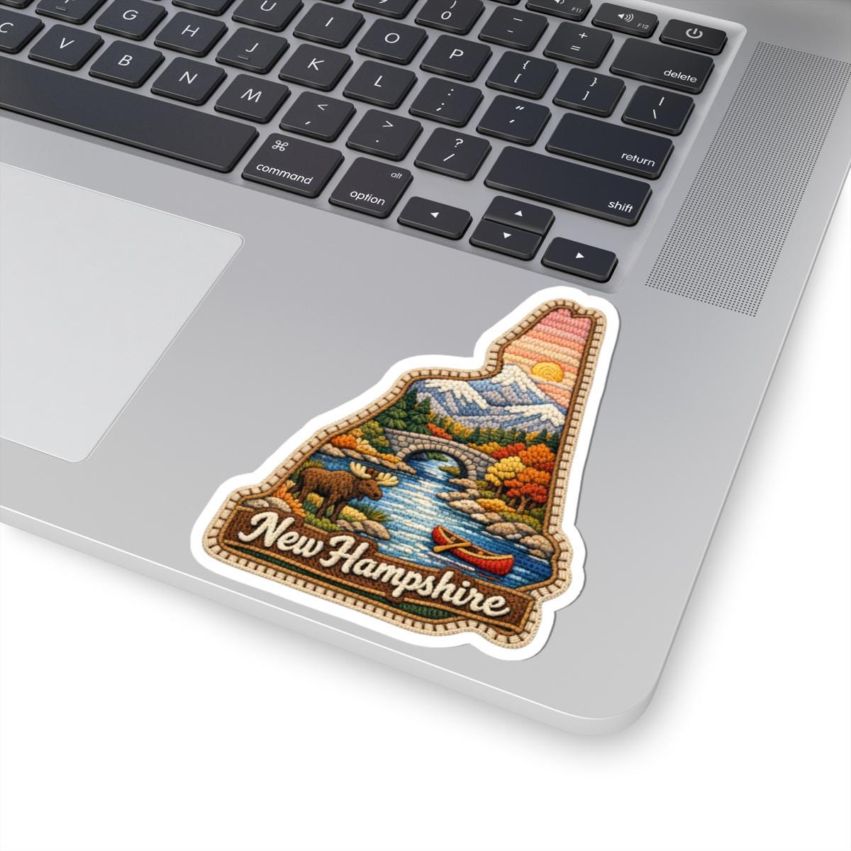 ColorFlow | New Hampshire Mountain Passage Vinyl Sticker | Covered Bridge River Moose and Alpine Autumn Art