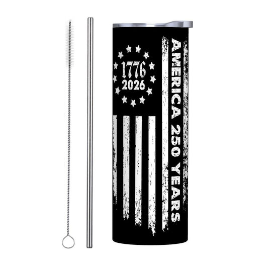 ColorFlow | America 250 Years 1776 2026 Vintage Flag Patriotic 20oz Skinny Stainless Steel Tumbler with Straw