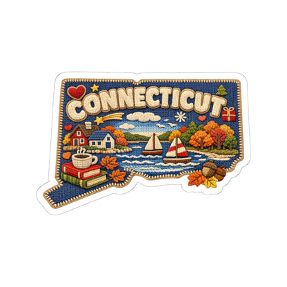 ColorFlow | Connecticut Autumn Harbor Vinyl Sticker | Coastal Homes Sailboats Fall Foliage and Storybook Shore Art