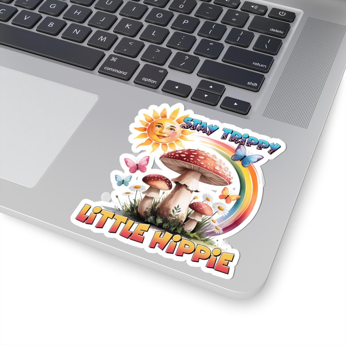 ColorFlow | Stay Trippy Little Hippie Smiling Sun Mushroom Rainbow Art Vinyl Sticker