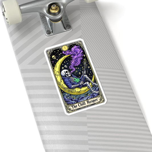 ColorFlow | The Chill Reaper Tarot Style Vinyl Sticker | Cosmic Skeleton Moon Art with Psychedelic Smoke Design