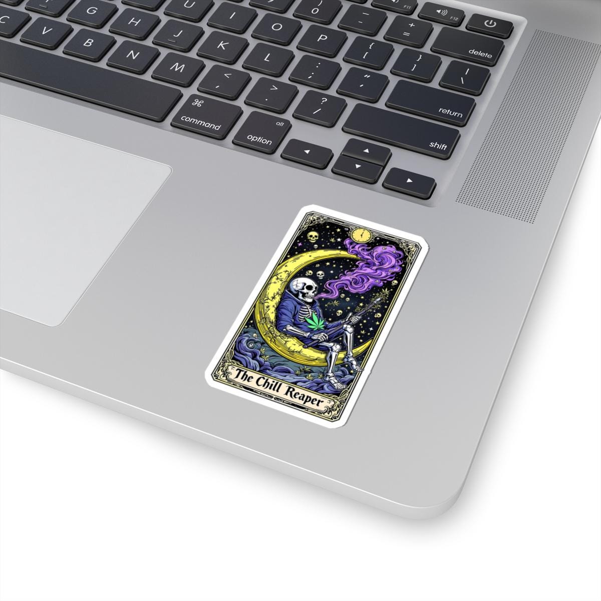 ColorFlow | The Chill Reaper Tarot Style Vinyl Sticker | Cosmic Skeleton Moon Art with Psychedelic Smoke Design