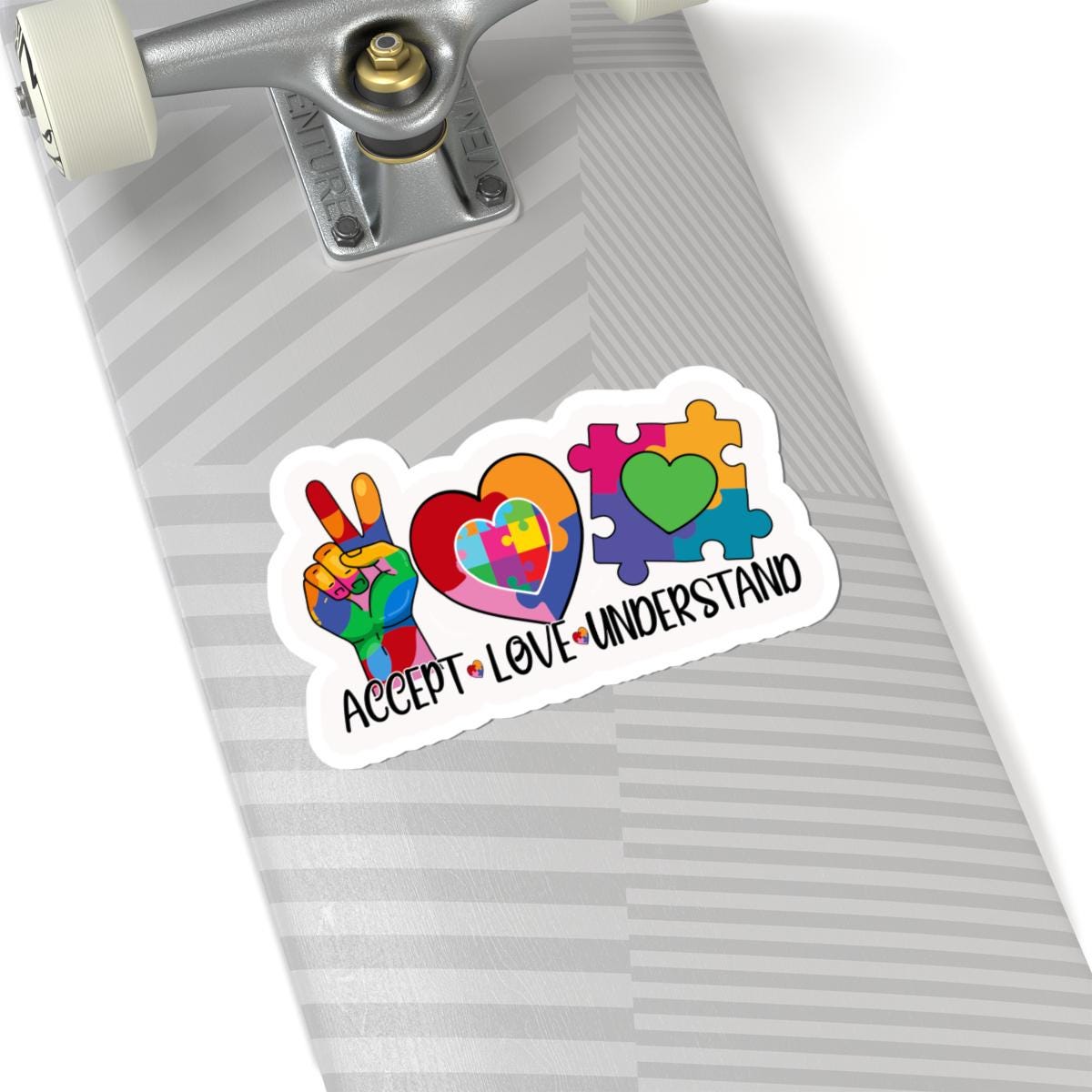 ColorFlow | Accept Love Understand Vinyl Sticker | Autism Acceptance Puzzle Hearts Peace Sign Design