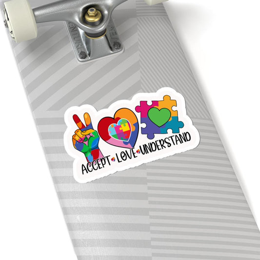 ColorFlow | Accept Love Understand Vinyl Sticker | Autism Acceptance Puzzle Hearts Peace Sign Design