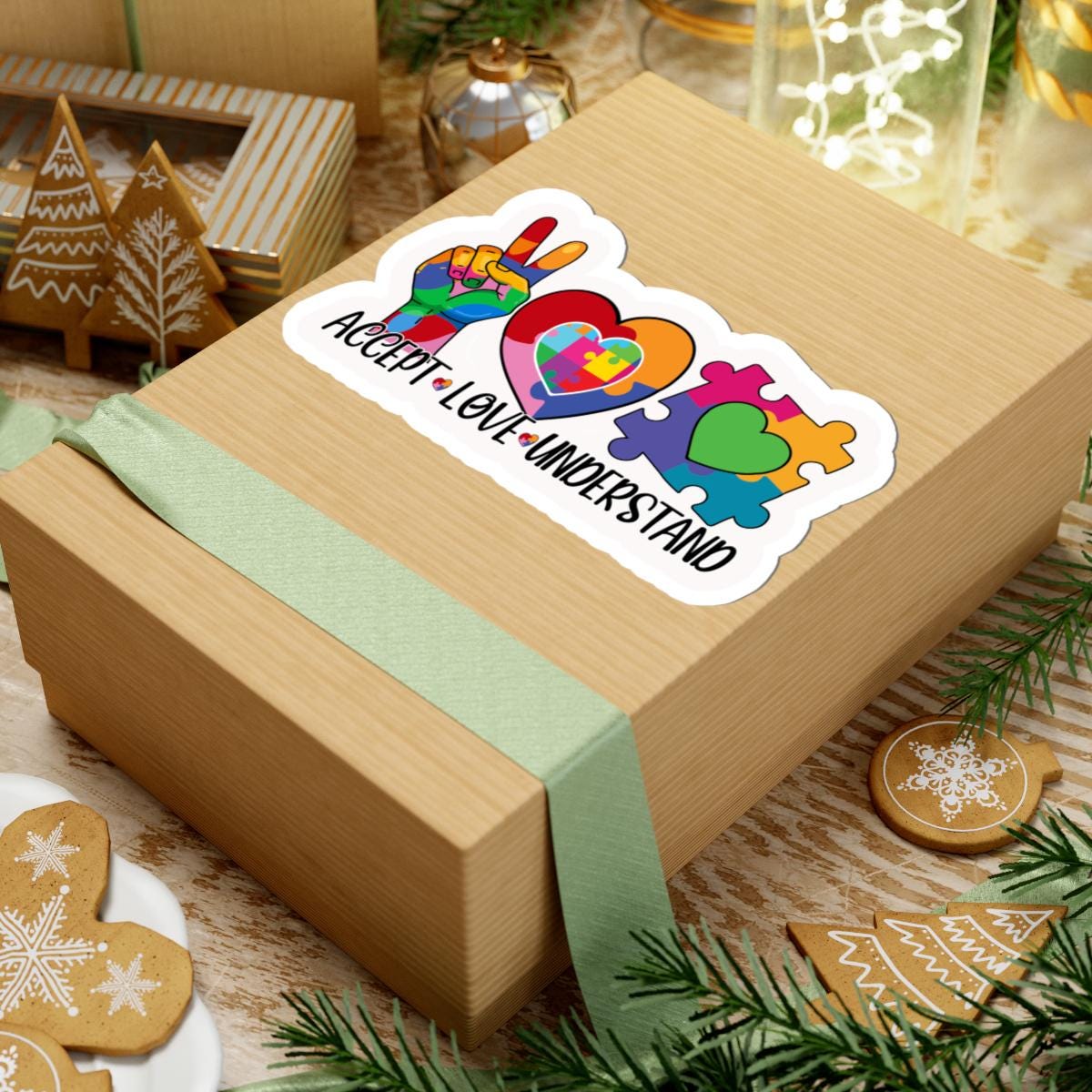 ColorFlow | Accept Love Understand Vinyl Sticker | Autism Acceptance Puzzle Hearts Peace Sign Design