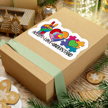 ColorFlow | Accept Love Understand Vinyl Sticker | Autism Acceptance Puzzle Hearts Peace Sign Design