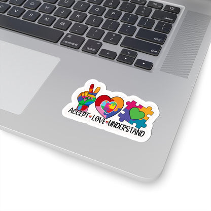 ColorFlow | Accept Love Understand Vinyl Sticker | Autism Acceptance Puzzle Hearts Peace Sign Design