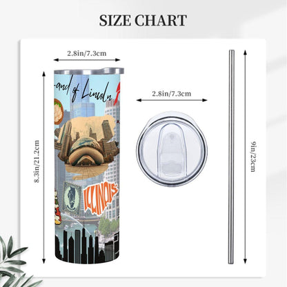 ColorFlow | Illinois Skinny Tumbler | State Pride License Plate Collage | Landmark Travel Design | 20oz Stainless Steel Cup