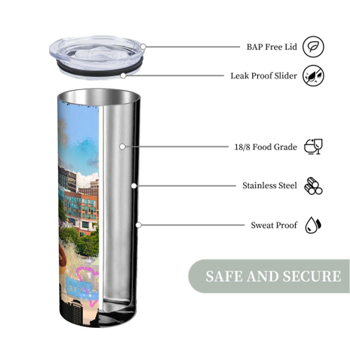 ColorFlow | South Carolina Skinny Tumbler | State Pride License Plate Collage | Landmark Travel Design | 20oz Stainless Steel Cup