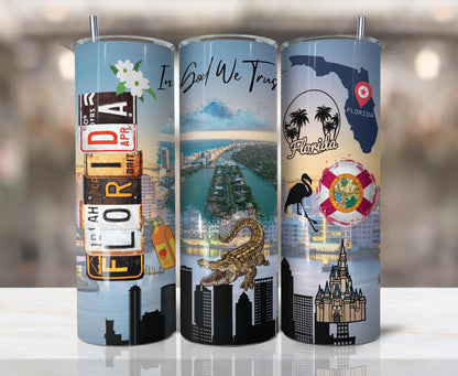 ColorFlow | Florida State Pride Tumbler | In God We Trust Coastal City Scenic | 20oz Skinny Stainless Steel With Straw