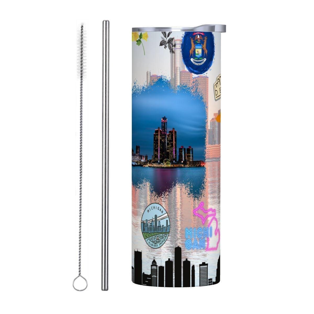 ColorFlow | Michigan State Pride Tumbler | Detroit Skyline Great Lakes Collage | 20oz Skinny Stainless Steel With Straw