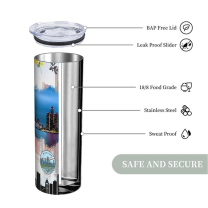 ColorFlow | Michigan State Pride Tumbler | Detroit Skyline Great Lakes Collage | 20oz Skinny Stainless Steel With Straw