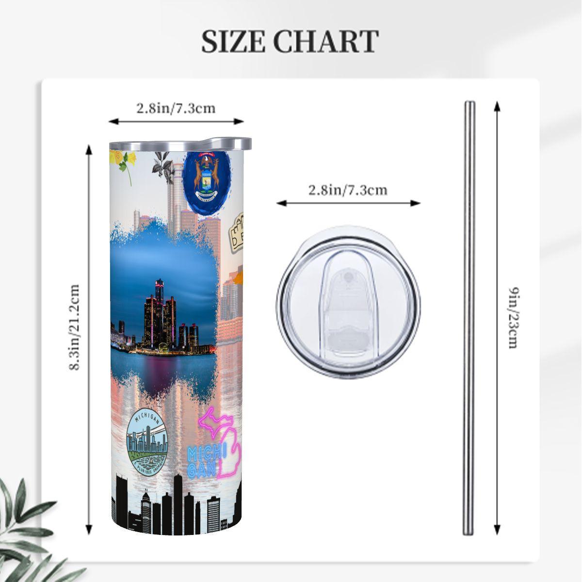 ColorFlow | Michigan State Pride Tumbler | Detroit Skyline Great Lakes Collage | 20oz Skinny Stainless Steel With Straw
