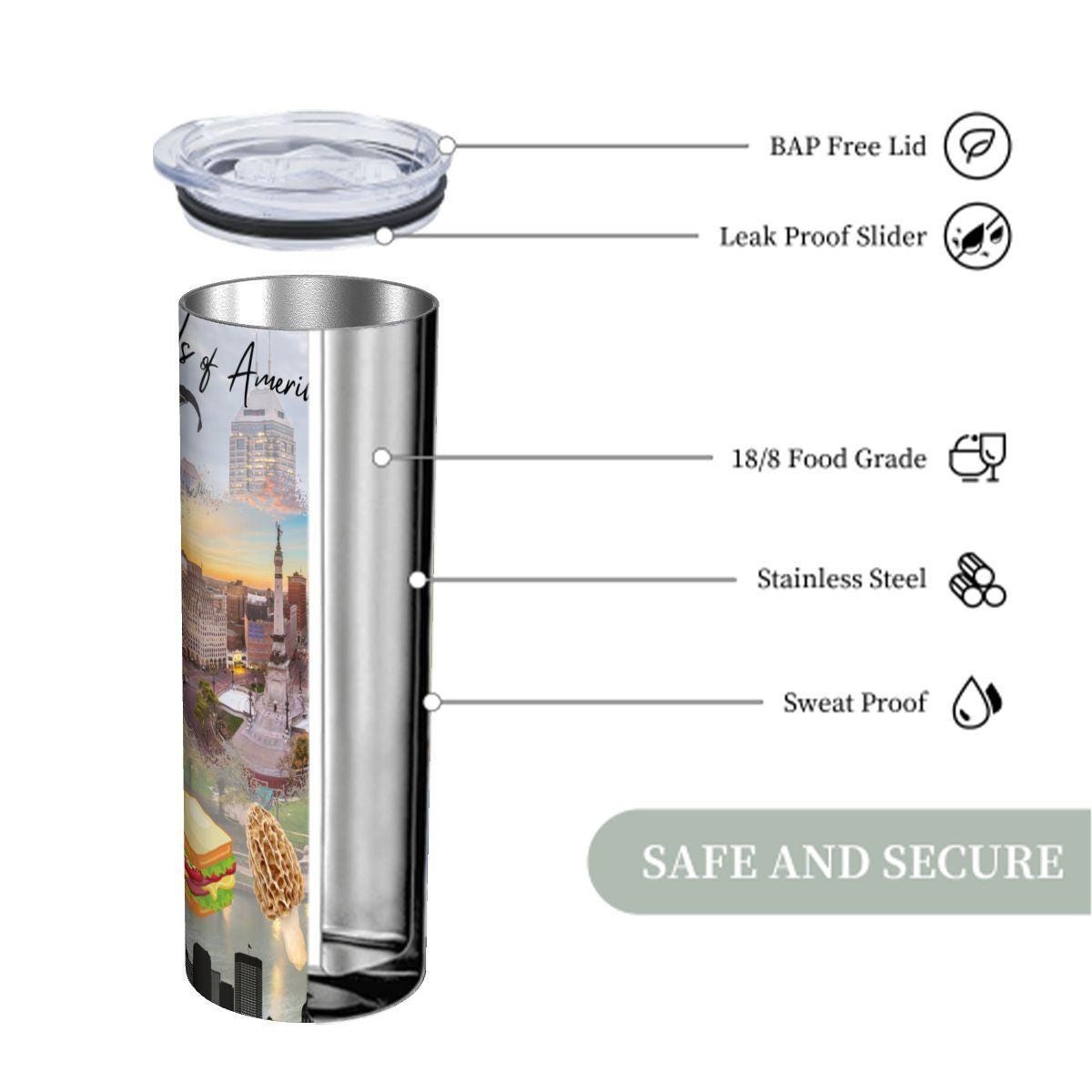 ColorFlow | Indiana State Pride Tumbler | Crossroads Of America Monument Art | 20oz Skinny Stainless Steel With Straw