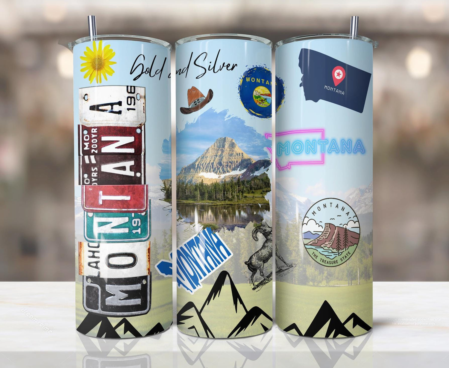 ColorFlow | Montana State Pride Tumbler | Scenic Mountain License Plate Art | 20oz Skinny Stainless Steel With Straw