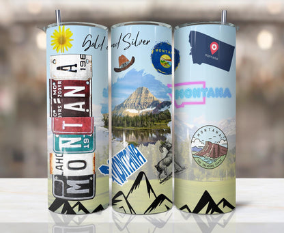 ColorFlow | Montana State Pride Tumbler | Scenic Mountain License Plate Art | 20oz Skinny Stainless Steel With Straw