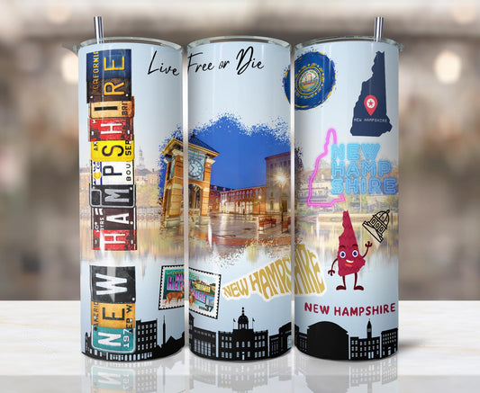 ColorFlow | New Hampshire State Pride Tumbler | Live Free Or Die Town Square Art | 20oz Skinny Stainless Steel With Straw