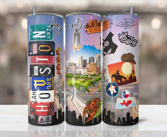 ColorFlow | Houston Texas City Tumbler | Bayou City Skyline Space Culture | 20oz Skinny Stainless Steel With Straw