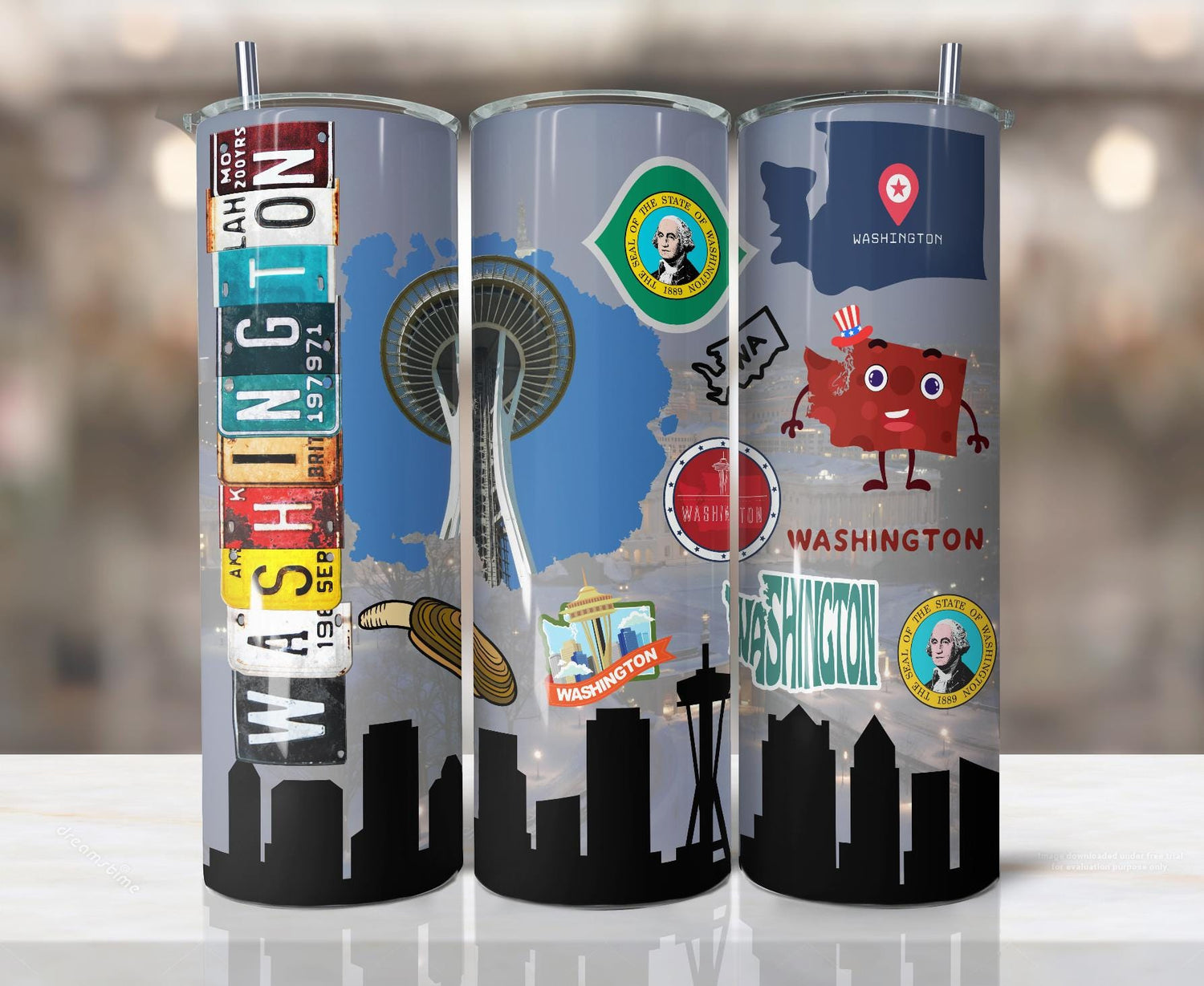 ColorFlow | Washington Skinny Tumbler | State Pride License Plate Collage | Landmark Travel Design | 20oz Stainless Steel Cup
