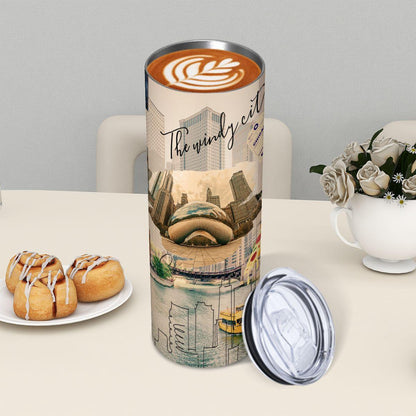 ColorFlow | Chicago Windy City Icons 20oz Skinny Stainless Steel Tumbler with Straw | Bean Skyline Illinois Travel Cup