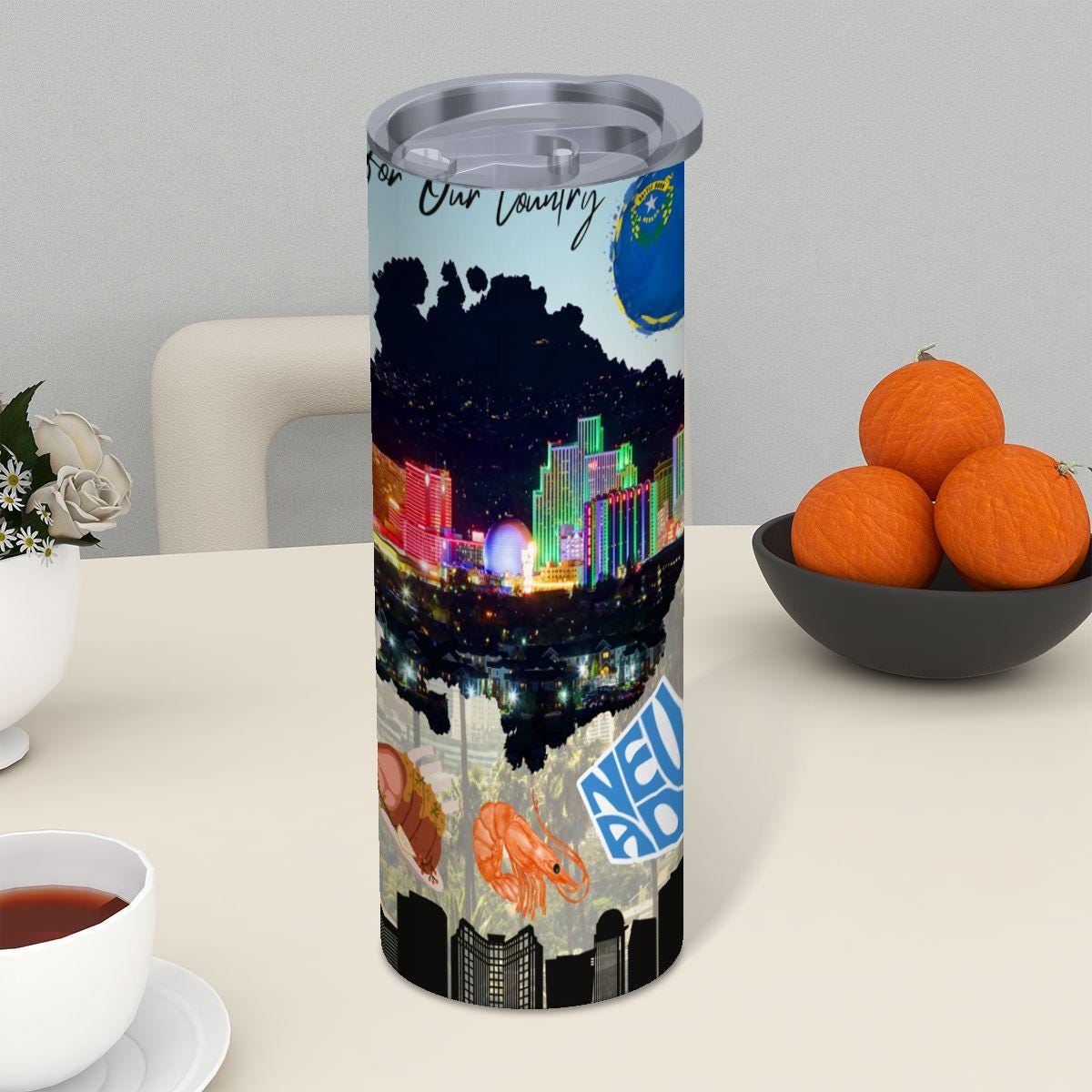 ColorFlow | Nevada State Icons 20oz Skinny Stainless Steel Tumbler with Straw | Las Vegas Skyline Travel Drinkware