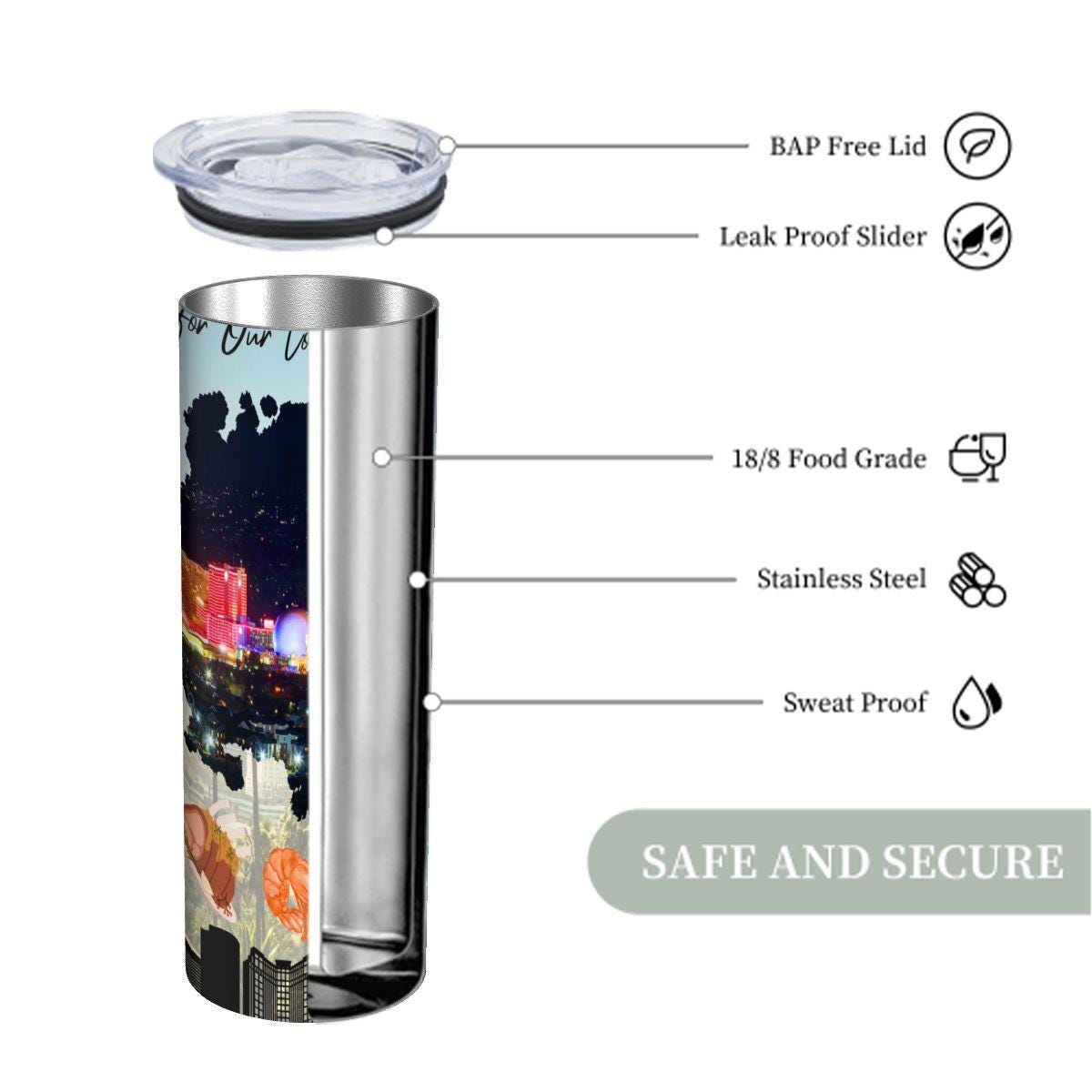 ColorFlow | Nevada State Icons 20oz Skinny Stainless Steel Tumbler with Straw | Las Vegas Skyline Travel Drinkware