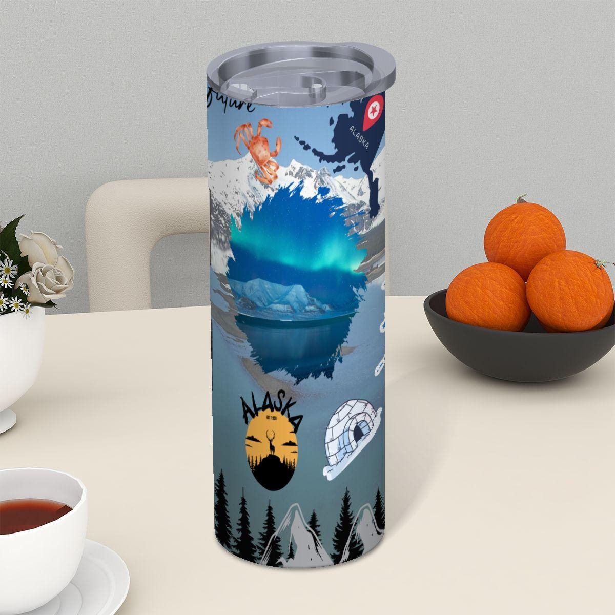 ColorFlow | Alaska Northern Lights 20oz Skinny Stainless Steel Tumbler with Straw | Arctic Wilderness Adventure Cup