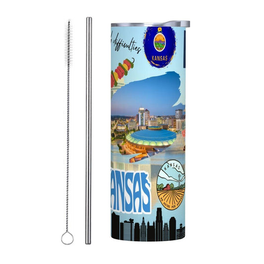 ColorFlow | Kansas State Pride 20oz Skinny Stainless Steel Tumbler with Straw | Kansas City Skyline Travel Coffee Cup