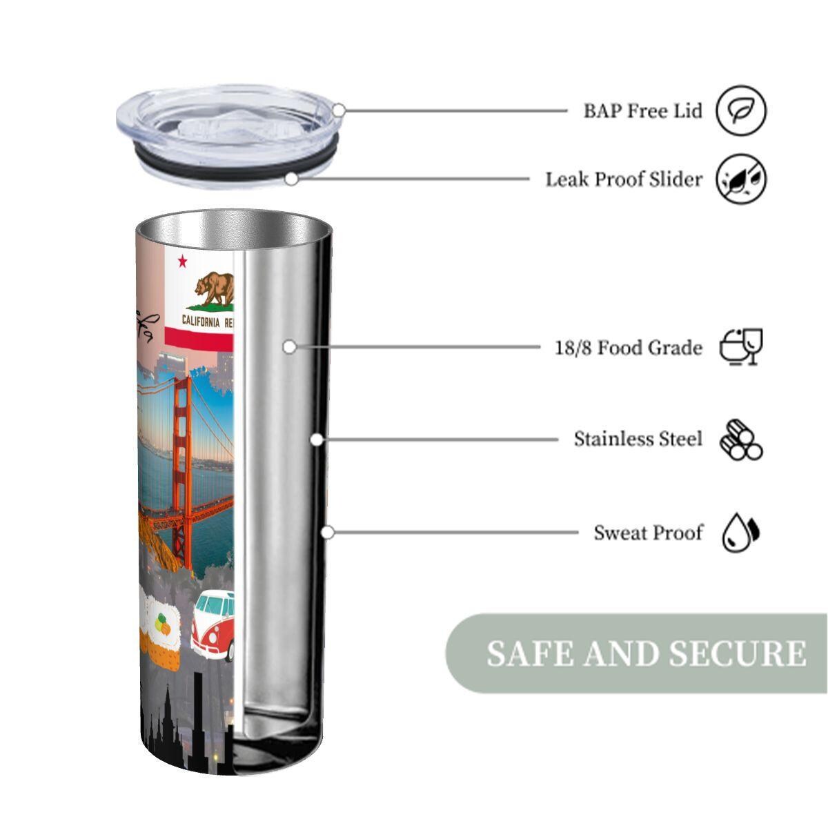 ColorFlow | California Dreamin 20oz Skinny Stainless Steel Tumbler with Straw | Golden Gate Hollywood Coast Vibes Cup