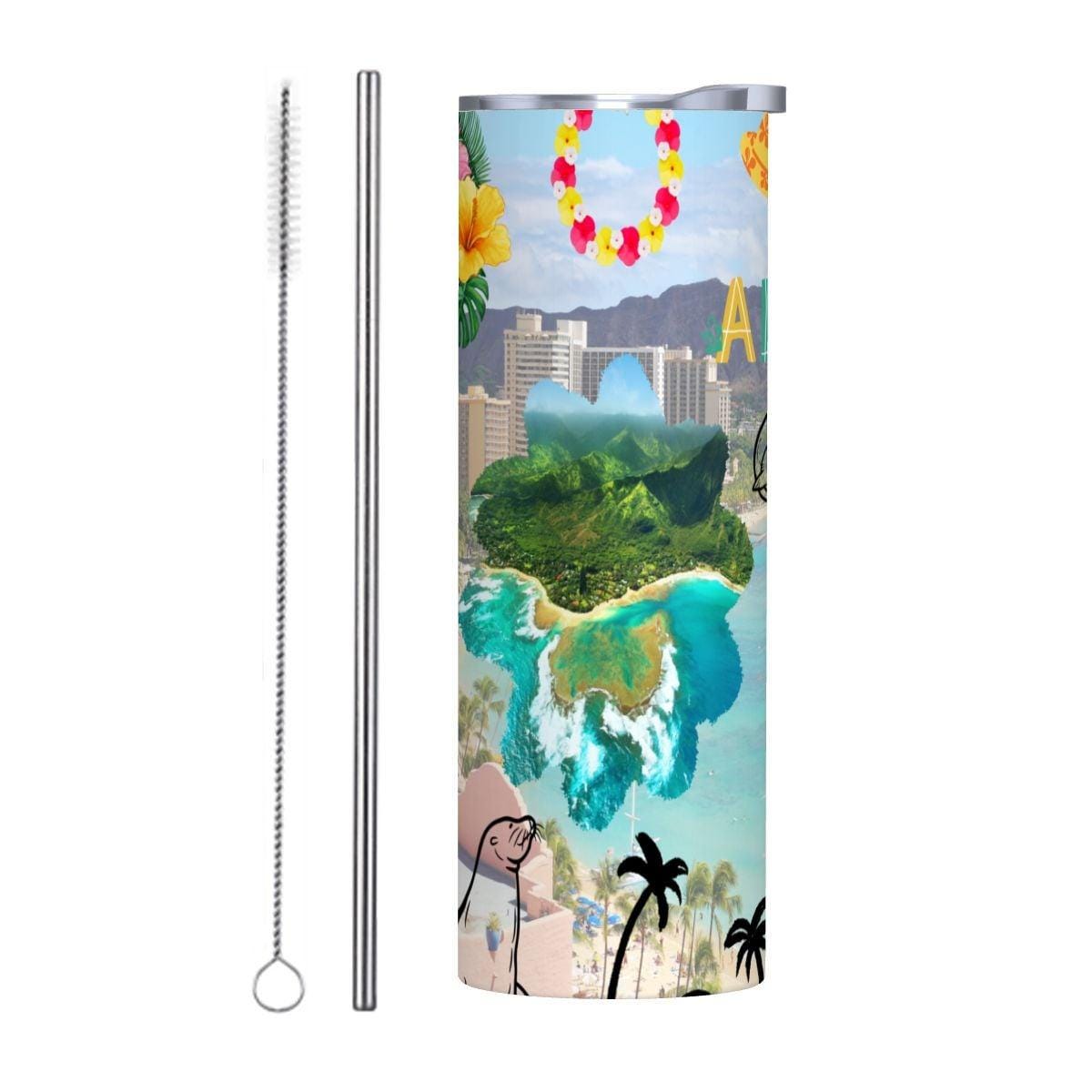 ColorFlow | Hawaii Island Paradise 20oz Skinny Stainless Steel Tumbler with Straw | Aloha Tropical Beach Surf Cup