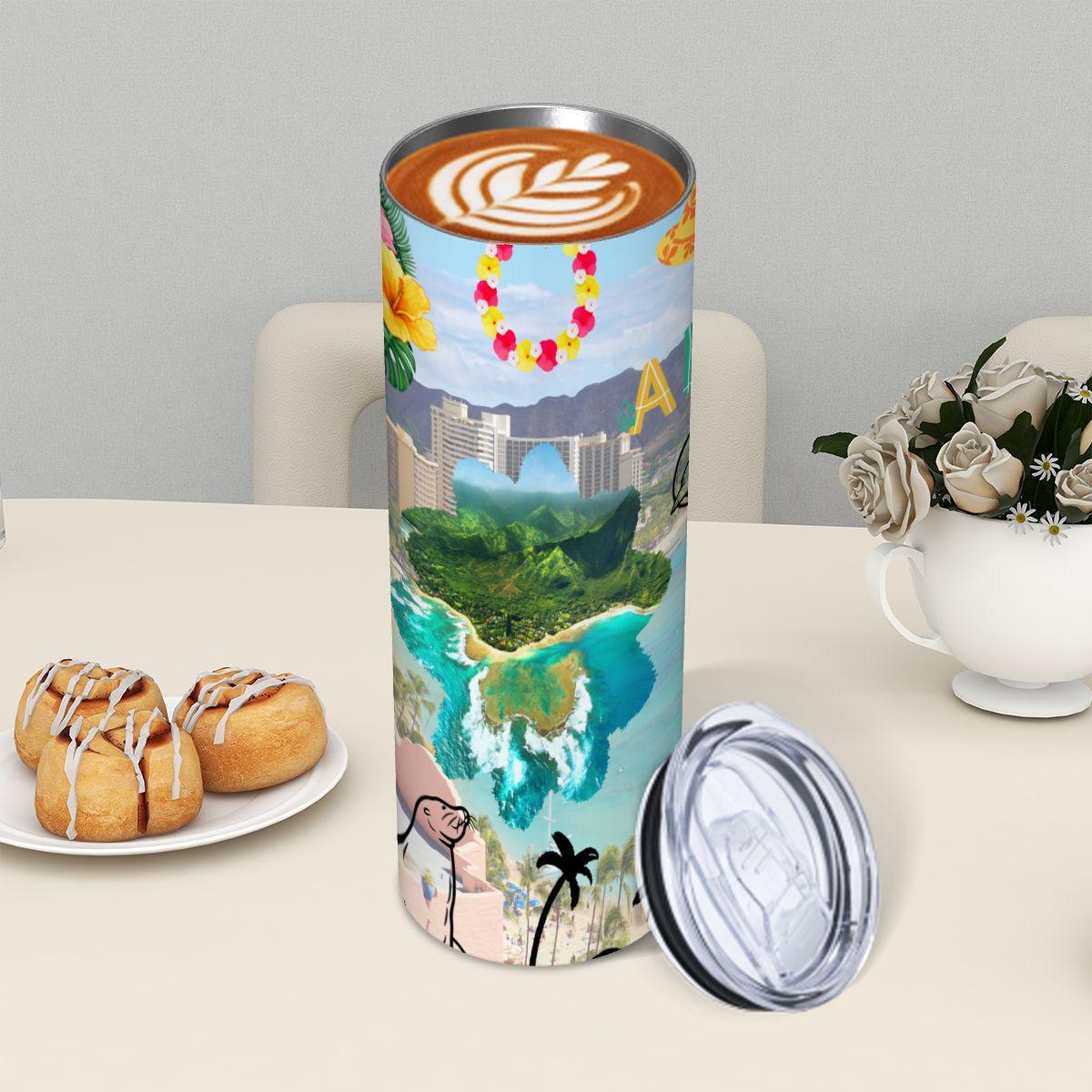 ColorFlow | Hawaii Island Paradise 20oz Skinny Stainless Steel Tumbler with Straw | Aloha Tropical Beach Surf Cup