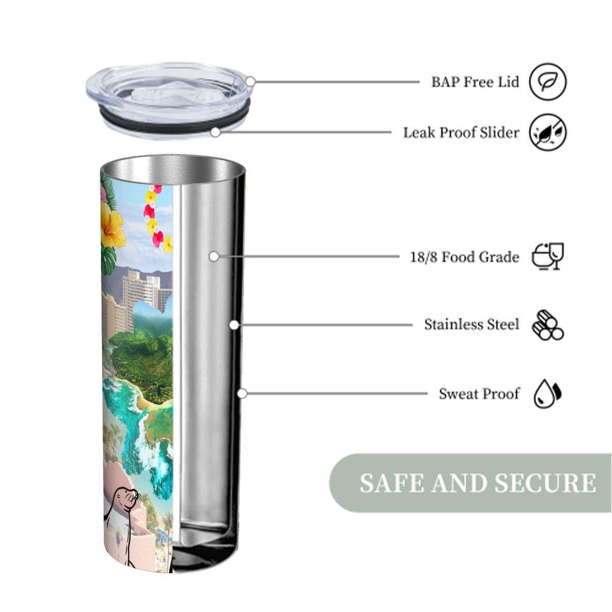 ColorFlow | Hawaii Island Paradise 20oz Skinny Stainless Steel Tumbler with Straw | Aloha Tropical Beach Surf Cup