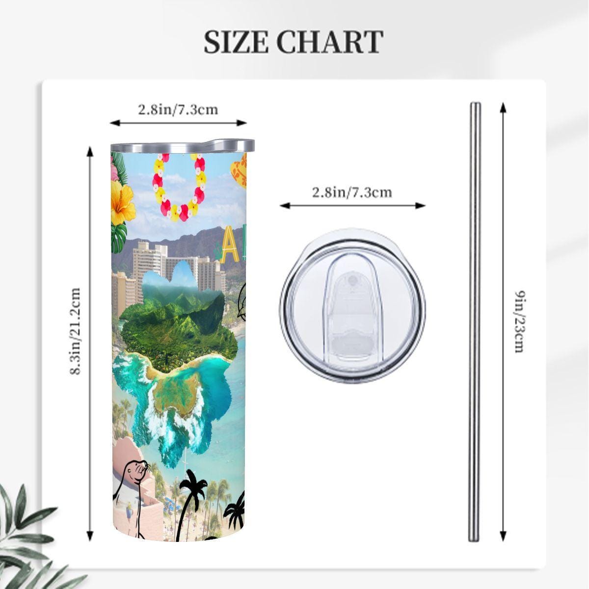 ColorFlow | Hawaii Island Paradise 20oz Skinny Stainless Steel Tumbler with Straw | Aloha Tropical Beach Surf Cup