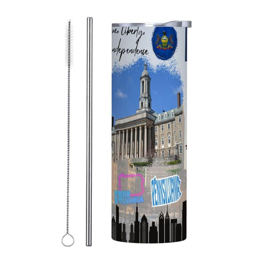 ColorFlow | Pennsylvania State Heritage 20oz Skinny Stainless Steel Tumbler with Straw | Liberty Bell Philadelphia Skyline Cup