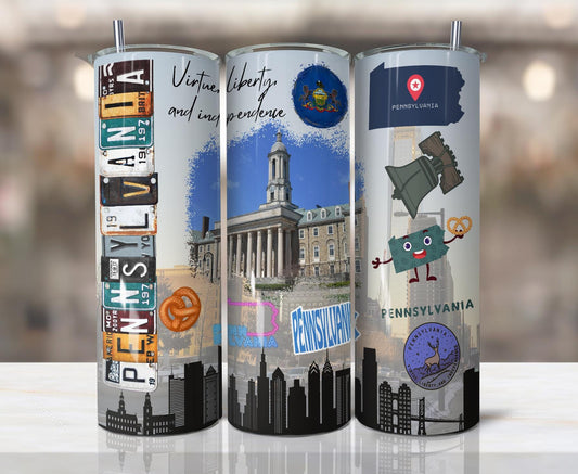 ColorFlow | Pennsylvania State Heritage 20oz Skinny Stainless Steel Tumbler with Straw | Liberty Bell Philadelphia Skyline Cup
