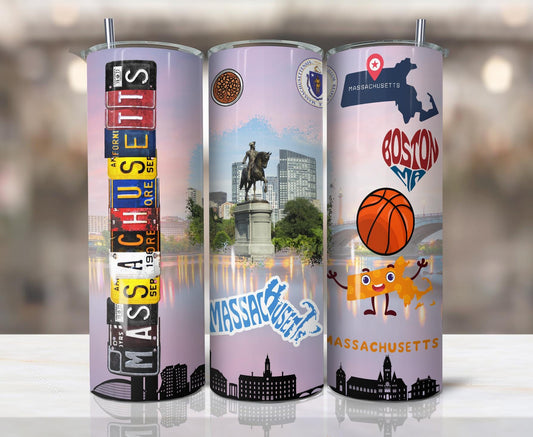 ColorFlow | Massachusetts State Pride 20oz Skinny Stainless Steel Tumbler with Straw | Boston Heritage Skyline Travel Cup