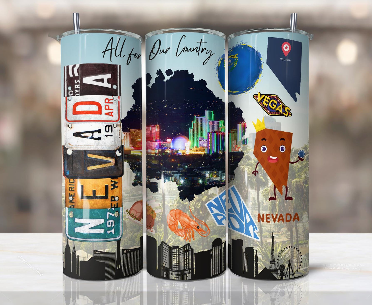 ColorFlow | Nevada State Icons 20oz Skinny Stainless Steel Tumbler with Straw | Las Vegas Skyline Travel Drinkware