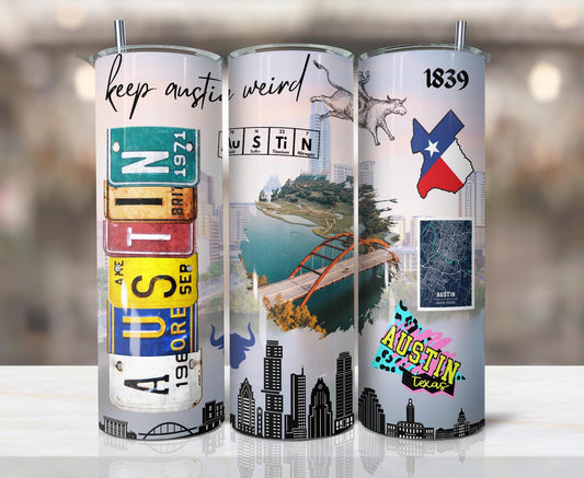 ColorFlow | Austin Texas City Vibes 20oz Skinny Stainless Steel Tumbler with Straw | Keep Austin Weird Skyline Cup